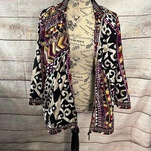 Chico's Mixed-Print Open Front Jacket in Black, Purple, Mustard